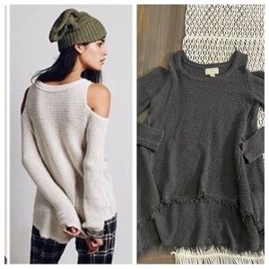 Ruby Moon cold shoulder frayed hem sweater charcoal Anthropologie